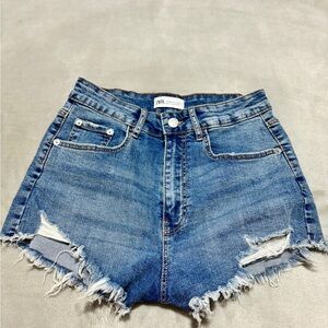 Zara Blue Jean Cheeky Shorts Distressed High-Waisted